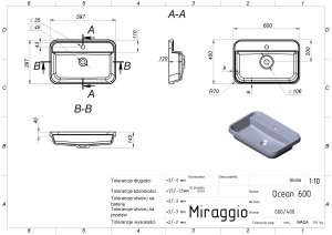Umywalka wpuszczana MIRAGGIO OCEAN 60*40*15 Połysk Biała 8813901 2