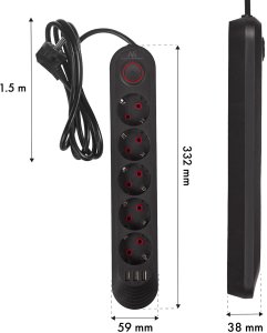 Listwa zasilająca Maclean, przedłużacz 5 gniazd + 3xUSB, 110-240V AC 50/60Hz, 2.1A max 2500W, 1,5m, czarna ,MCE395 B 8
