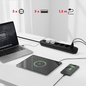 Listwa zasilająca Maclean, przedłużacz 5 gniazd + 3xUSB, 110-240V AC 50/60Hz, 2.1A max 2500W, 1,5m, czarna ,MCE395 B 9