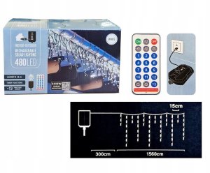 Lampki choinkowe Koopman Lampki choinkowe sople 480 LED solarne z pilotem USB światło zimnobiałe 18,6 m 2