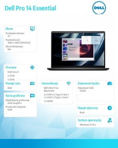 Laptop Dell Pro 14 Essential PV14250 W11P C3-100U|8GB|512GB|Intel Graph|FgrPr|WLAN+BT|14.0 FHD+|BcklKb|3C|65W|3YPS Carbon Black  Dell 10