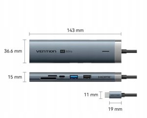 HUB USB Vention Vention 8in1 USB-C 4K 60Hz 100W PD 0.15m 5