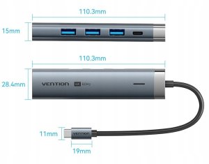 HUB USB Vention Vention 5in1 USB-C 100W PD 5Gbps 4K@60Hz silver 4