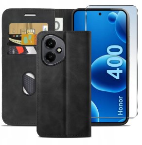 krainaGSM ETUI Z KLAPKĄ do Honor 400 Zamykane Magnetyczne Skórzane czarny + Szkło 2