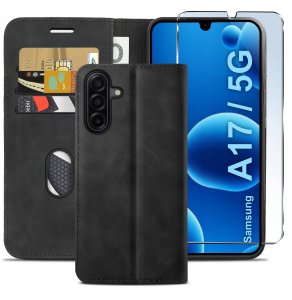 ETUI Z KLAPKĄ do Samsung A17 5G Zamykane Magnetyczne Skórzane czarne +Szkło 2