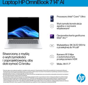 Laptop HP OmniBook 7 AI 14-fr0002nw Intel Core Ultra 7 255U Laptop 35,6 cm (14") 2K 16 GB LPDDR5-SDRAM 512 GB SSD Wi-Fi 6E (802.11ax) Windows 11 Pro AI PC Srebrny 6