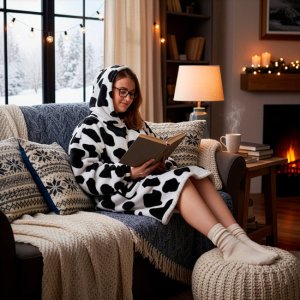 Kocobluza damska oversize koc bluza 2w1 z kapturem ciepła szlafrok futrzak czarno-biały UNIWERSALNY 4