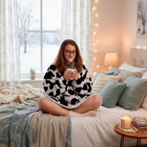 Kocobluza damska oversize koc bluza 2w1 z kapturem ciepła szlafrok futrzak czarno-biały UNIWERSALNY 5