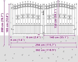vidaXL Bramka ogrodzeniowa z ostrym szczytem Szary 305 x 150 cm Stal 8