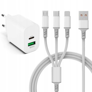 SZYBKA ŁADOWARKA SIECIOWA DO TELEFONU 2xUSB QUICK CHARGE ZESTAW KABEL 3w1 11