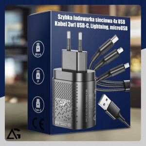 SZYBKA ŁADOWARKA DO TELEFONU KOSTKA 4X USB SZYBKIE ŁADOWANIE I KABEL 3W1 2