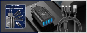 SZYBKA ŁADOWARKA DO TELEFONU KOSTKA 4X USB SZYBKIE ŁADOWANIE I KABEL 3W1 3