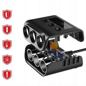 Rozdzielacz Gniazda Zapalniczki 12-24V 4x USB 3.0QC + 3 Gniazda Woltomierz 6