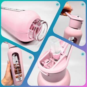 Revity Szklana butelka na wodę bidon z dziubkiem i miarką w silikonowym etui 7