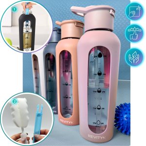 Revity Szklana butelka na wodę bidon z dziubkiem i miarką w silikonowym etui 10