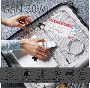 SZYBKA ŁADOWARKA SIECIOWA USB-C+A 30W GaN Slim DO TELEFONU/TABLETU Type-C biała 13