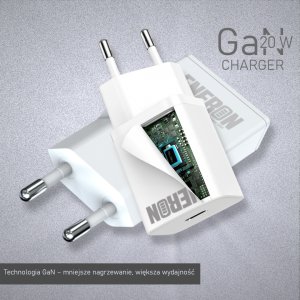 SZYBKA ŁADOWARKA SIECIOWA USB-C 20W GaN Slim DO TELEFONU/TABLETU BIAŁA 15