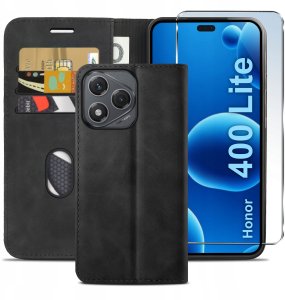 krainaGSM ETUI Z KLAPKĄ do Honor 400 Lite Zamykane Magnetyczne Skórzane czarne +Szkło 2