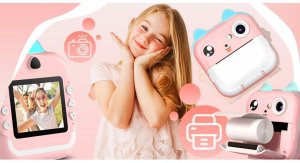 Aparat cyfrowy Retoo Drukarka termiczna dla dzieci z aparatem fotograficznym głośnikiem 5 gier Mini Kot 11 rolek - różowa 2