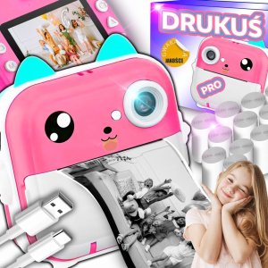 Aparat cyfrowy Retoo Drukarka termiczna dla dzieci z aparatem fotograficznym głośnikiem 5 gier Mini Kot 11 rolek - różowa 4