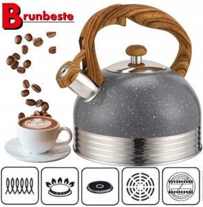 Brunbeste Czajnik stalowy z gwizdkiem do indukcji 2.5L szary marmurowy uchwyt drewniany BB-2477 2