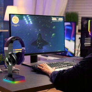 STOJAK STATYW UCHWYT NA SŁUCHAWKI GAMINGOWY PODOŚWIETLENIE RGB HUB + 2X USB 13