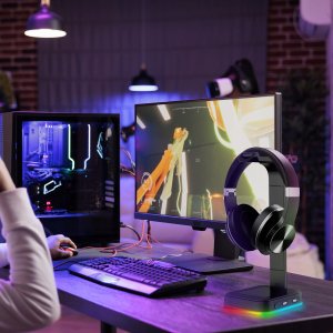 STOJAK STATYW UCHWYT NA SŁUCHAWKI GAMINGOWY PODOŚWIETLENIE RGB HUB + 2X USB 14