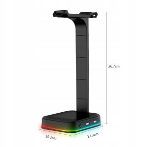 STOJAK STATYW UCHWYT NA SŁUCHAWKI GAMINGOWY PODOŚWIETLENIE RGB HUB + 2X USB 15