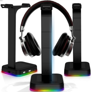 STOJAK STATYW UCHWYT NA SŁUCHAWKI GAMINGOWY PODOŚWIETLENIE RGB HUB + 2X USB 2