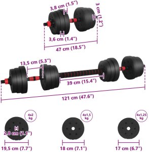 vidaXL Zestaw hantli 2 w 1 Czarny i Czerwony 121 x 19,5 x 19,5 cm 8