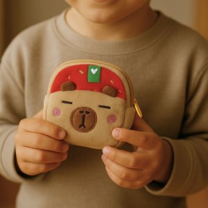 Portfelik Pluszowy Z Brelokiem Kapibara Truskawka Czerwona 9,5 x 8 cm 4