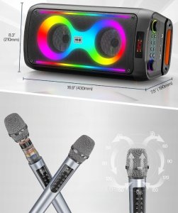 JAPOUCA Głośnik do karaoke Bluetooth z 2 bezprzewodowymi mikrofonami 2