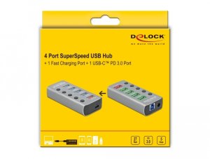 HUB USB Delock Hub USB 5 Gbps z 4 Portami + 1 Portem ładowania + 1 Portem USB-C PD 3.0 z przełącznikiem i podświetleniem 5