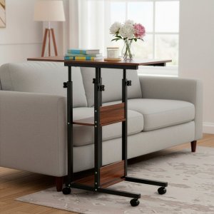 Biurko Springos Stolik na kółkach regulowany 76-86 cm biurko mobilny pod laptopa ciemno-brązowy uniwersalny 2