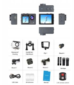 Kamera Sportowa 5K/4K UHD Pilot, Dwustronny Ekran i Obudowa Wodoodporna 30M 4