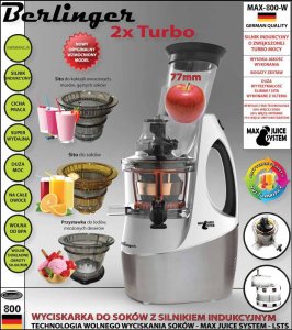 Wyciskarka wolnoobrotowa Berlinger 800W mocna sokowirówka 3 sita duży otwór 15