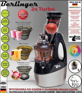 Wyciskarka wolnoobrotowa Berlinger 800W mocna sokowirówka 3 sita duży otwór 13