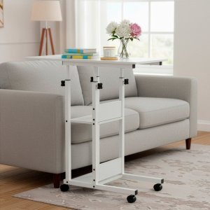 Biurko Springos Stolik na kółkach regulowane 76-86 cm biurko mobilny pod laptopa biały UNIWERSALNY 2