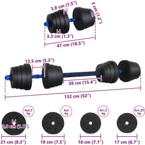 vidaXL Zestaw hantli 2 w 1 Czarny i niebieski 121 x 19,5 x 19,5 cm 8