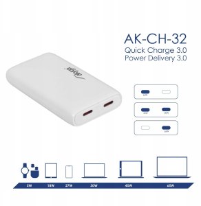 Ładowarka USB AK-CH-32 2x USB-C PD 5-20V / max. 3.25A 65W Quick Charge 4+ GaN 9