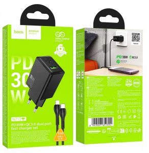 Ładowarka Hoco Ładowarka sieciowa do telefonu USB A + USB C QC3.0 PS AFC 3A 30W + kabel USB C do USB C N71 czarna 5