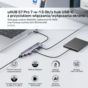 HUB USB Unitek Hub USB-C 7w1 4K@60Hz, PD 100W i przycisk HDMI On/Off 12
