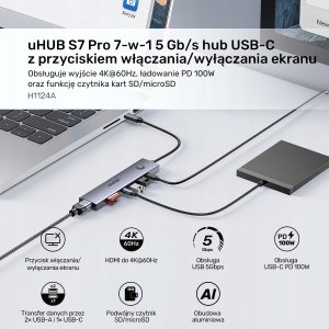 HUB USB Unitek Hub USB-C 7w1 4K@60Hz, PD 100W i przycisk HDMI On/Off 2