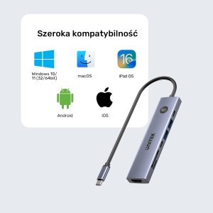 HUB USB Unitek Hub USB-C 7w1 4K@60Hz, PD 100W i przycisk HDMI On/Off 7