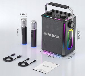 HUABAO Głośnik Bluetooth do karaoke z 2 bezprzewodowymi mikrofonami 6