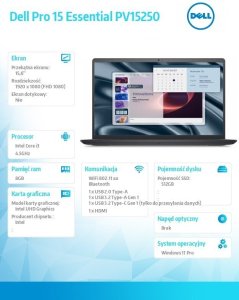 Laptop Dell Laptop Pro 15 Essential PV15250 W11P i3-1305U|8GB|512GB|Intel UHD|FgrPr|WLAN+BT|15.6 FHD|BcklKb|3C|65W|3YPS Carbon Black (P 9