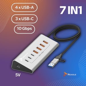 HUB USB Reagle HUB USB AKTYWNY 7 PORTÓW USB 3.2 10Gbps ROZDZIELACZ ROZGAŁĘŹNIK 7w1 USB-C 3