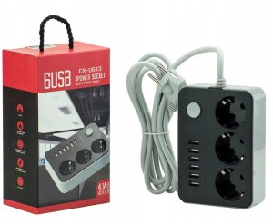 Listwa zasilająca Plastrol Przedłużacz Listwa Zasilająca 3 Gniazda + 6 USB Kabel Zasilający 3