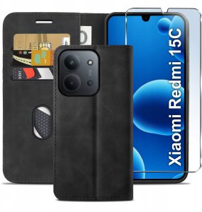 ETUI Z KLAPKĄ do Xiaomi Redmi 15C Zamykane Magnetyczne Skórzane + Szkło 9H 2