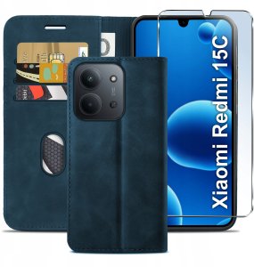 ETUI Z KLAPKĄ do Xiaomi Redmi 15C Zamykane Magnetyczne Skórzane + Szkło 9H 2